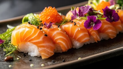 Exquisite salmon sashimi sushi on a refined plate, showcasing the quality and craftsmanship of Japanese cuisine, set against a sophisticated dark backdrop.