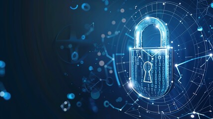 A glowing padlock with binary code inside on a dark blue background with glowing geometric shapes