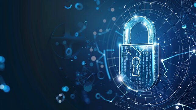 A glowing padlock with binary code inside on a dark blue background with glowing geometric shapes