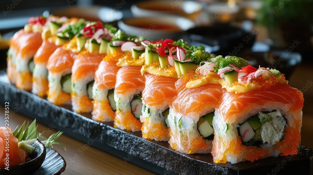 Sticker Giant sushi roll displayed in a Japanese restaurant, capturing the essence of traditional sushi-making and the richness of Japanese cuisine.