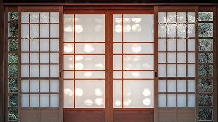 A traditional sliding door with wooden frames and frosted glass, surrounded by nature.