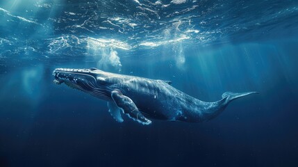 Fototapeta premium Humpback Whale Swimming Underwater with Sunlight Streaming Through the Surface