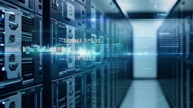 A closeup of a server rack showcasing its advanced storage capabilities with a multitude of SSDs and blinking lights while in the background tingedge cloud computing and machine