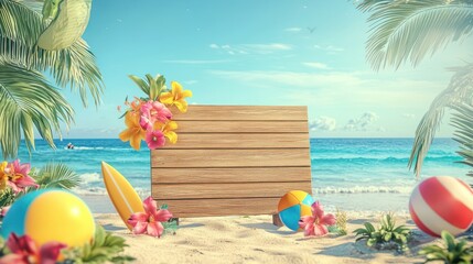 Posters, wooden signs, beach, beach balls, surfboards and sunglasses.