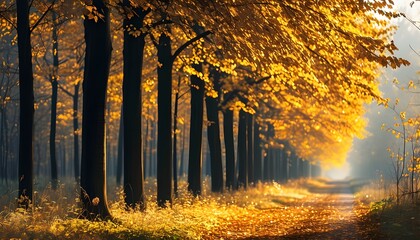 The tree-lined avenue in autumn is lush with trees, and the golden leaves bloom in the sun.