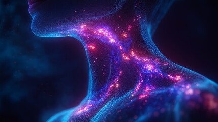 A mesmerizing depiction of glowing, cosmic energy coursing through the neck, blending human form with ethereal design.