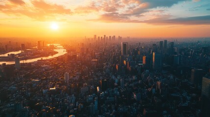 Fototapeta premium A drone is flying over a city at sunset