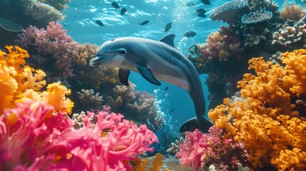 Fototapeta premium Dolphin Swimming Through Vibrant Coral Reef