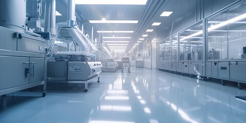 Obraz premium Modern industrial factory technology. Business equipment in clean room. Manufacture lab facility with machinery. Professional research in medical science. Inside pharmaceutical