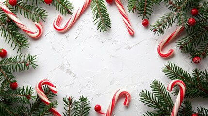 A cheerful Christmas frame with candy canes, pine branches, and red berries.