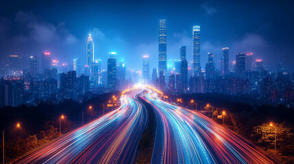 Fototapeta premium Dynamic cityscape with blurred traffic lights on a curved highway at dusk