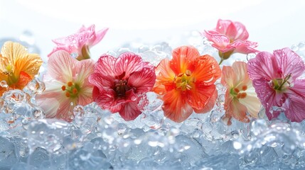 Colorful Flowers Frozen in Ice with Water Droplets