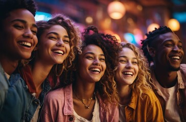 Friends laughing together in dimly lit setting with colorful lights