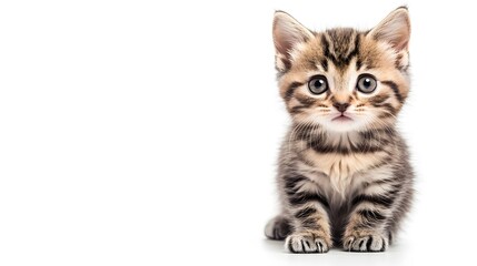 Adorable kitten sitting with its head slightly tilted to the side on a blank background