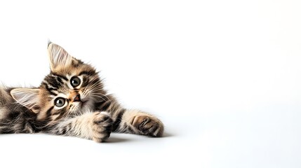 Obraz premium Fluffy kitten lying down with its paws stretched out on a blank white background