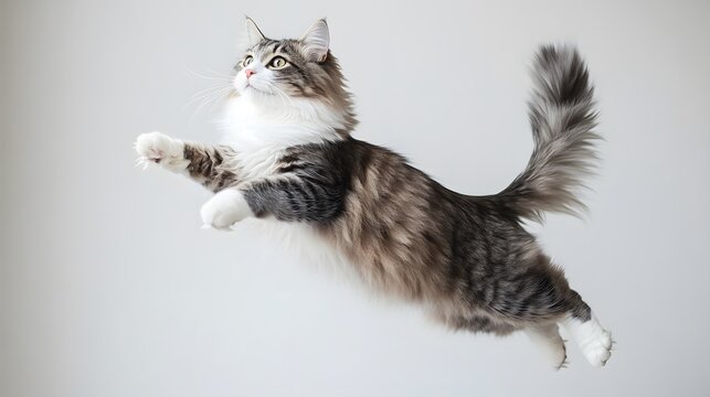 Playful cat leaping into the air on a plain white background