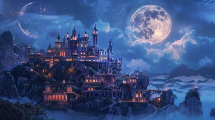 Obraz premium A grand castle built atop a mountain range under a full moon and starry night sky.
