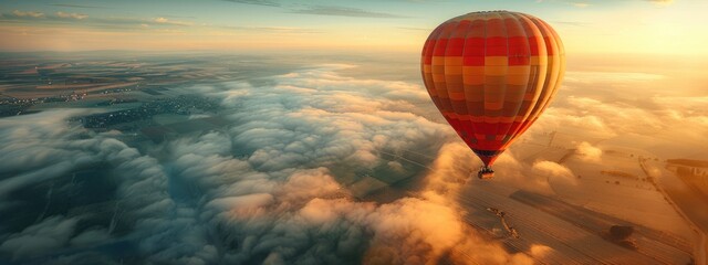 Obraz premium Serene journey: beautiful hot air balloon gracefully floating over enchanting marvellous landscape, harmony between nature, flight, creating captivating visual experience of tranquility, wonder.