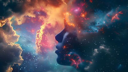 Human mind abstract space science head background. Brain face sky idea universe thought psychology