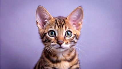 Obraz premium Adorable Bengal kitten with distinctive spotted fur and big curious eyes poses on a soft pastel purple background with ample space for overlays or text.