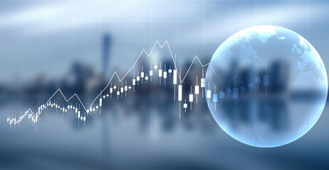 Double exposure of abstract financial graph with world map on office buildings background, forex and investment concept