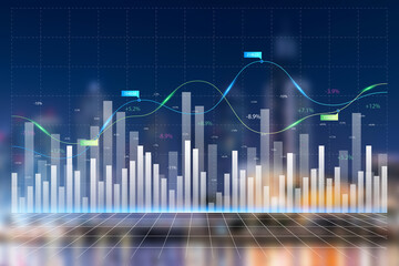 Double exposure of abstract financial graph with world map on office buildings background, forex and investment concept