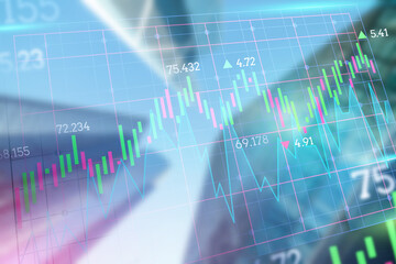 Double exposure of abstract financial graph with world map on office buildings background, forex and investment concept