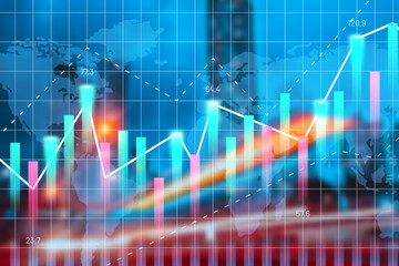 Double exposure of abstract financial graph with world map on office buildings background, forex and investment concept