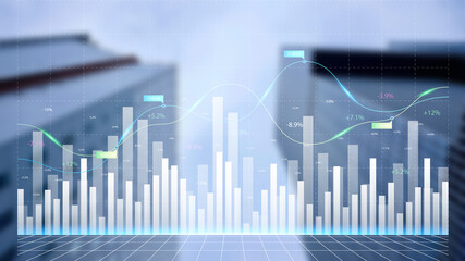 Double exposure of abstract financial graph with world map on office buildings background, forex and investment concept