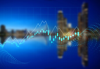 Double exposure of abstract financial graph with world map on office buildings background, forex and investment concept