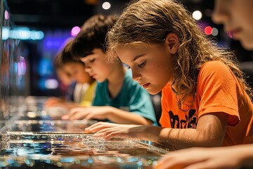 A field trip to a science center, with students engaging in interactive exhibits and hands-on experiments