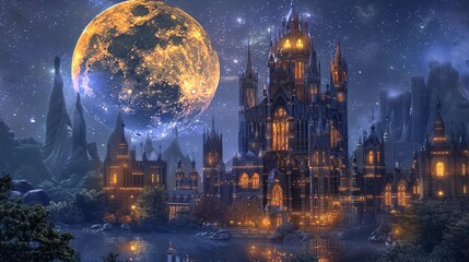 Obraz premium A Majestic Gothic Castle Under a Giant Moonlit Sky