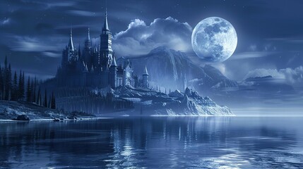A Majestic Castle on a Misty Island Under a Full Moon