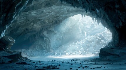 A Frozen Cave Entrance with Icicles and Snow