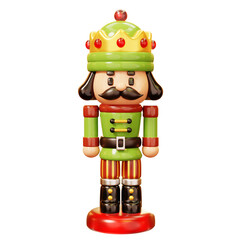 a Soldier Nutcracker Doll in red green uniform costume. Cute Cartoon 3D happy new year decoration, are decorative nutcracker figurines most commonly made to resemble a toy soldier. the dolls are symbo
