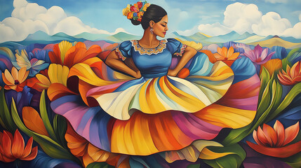 Woman in colorful stylized national dress dancing surrounded by large flowers in vibrant landscape. Culture and traditions of Hispanic Heritage Month