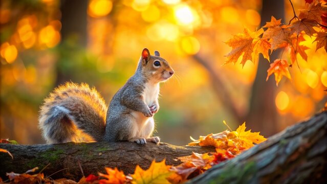 A solitary squirrel pauses amidst vibrant autumn foliage, basking in soft golden light filtering through the forest's majestic trees and rustling leaves.