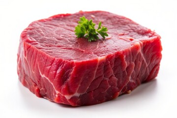 Freshly cut filet mignon beef, tender and juicy, lies isolated on a clean white background, showcasing its rich red color and velvety texture.