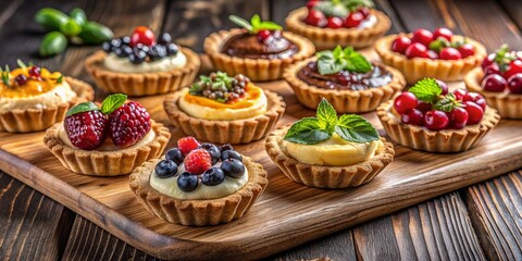 Freshly baked tartlets with assorted flavors and toppings arranged artfully on a rustic wooden board against a dramatic dark background.