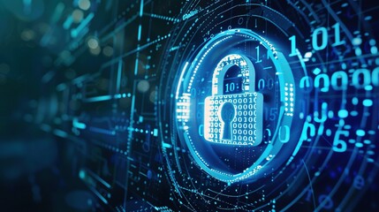 Obraz premium Digital Security Lock with Binary Code and Blue Glowing Lines