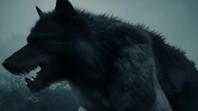 Fierce black wolf snarls in a shadowy forest, baring sharp teeth in a spooky scene perfect for halloween or nightmares