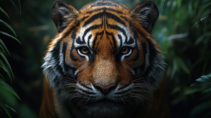 Obraz premium Majestic Bengal Tiger in Dense Jungle, Intense Stare, Close-Up Wildlife Photography, Vibrant Colors, Captivating Eyes, Nature Conservation, Endangered Species, Exotic Animal, Natural Habitat
