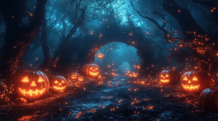 Enchanted Halloween Forest with Glowing Jack-o'-Lanterns and Mystical Blue Lighting in a Spooky Nighttime Setting