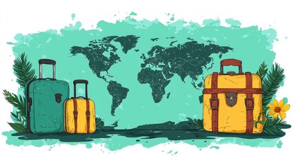 Travel Luggage with World Map Illustration