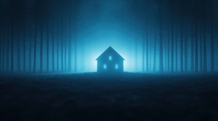 Mysterious House in Foggy Forest at Night with Eerie Blue Glow and Tall Trees in Background