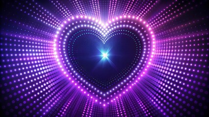 Vibrant ultraviolet LED dots form a futuristic heart symbol, suspended in mid-air, radiating a mesmerizing glow against a dark, sleek, and high-tech background.