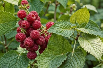 Fresh ripe raspberries growing on a plant, perfect for food, nature, or gardening-themed designs and projects. 