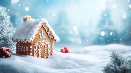 Naklejka premium Gingerbread house with snow background.