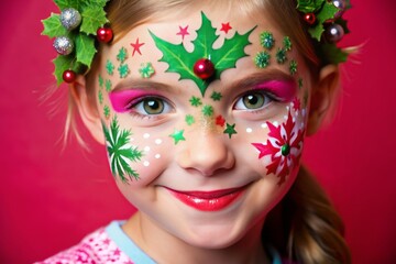 Vibrant festive colors of Christmas face painting design featuring snowflakes, trees, and holly leaves on a bright pink background, perfect for holiday decorations.