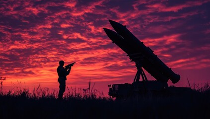 Silhouette of Soldier with Missile Defense System Against Vibrant Sunset Sky. Evening Background